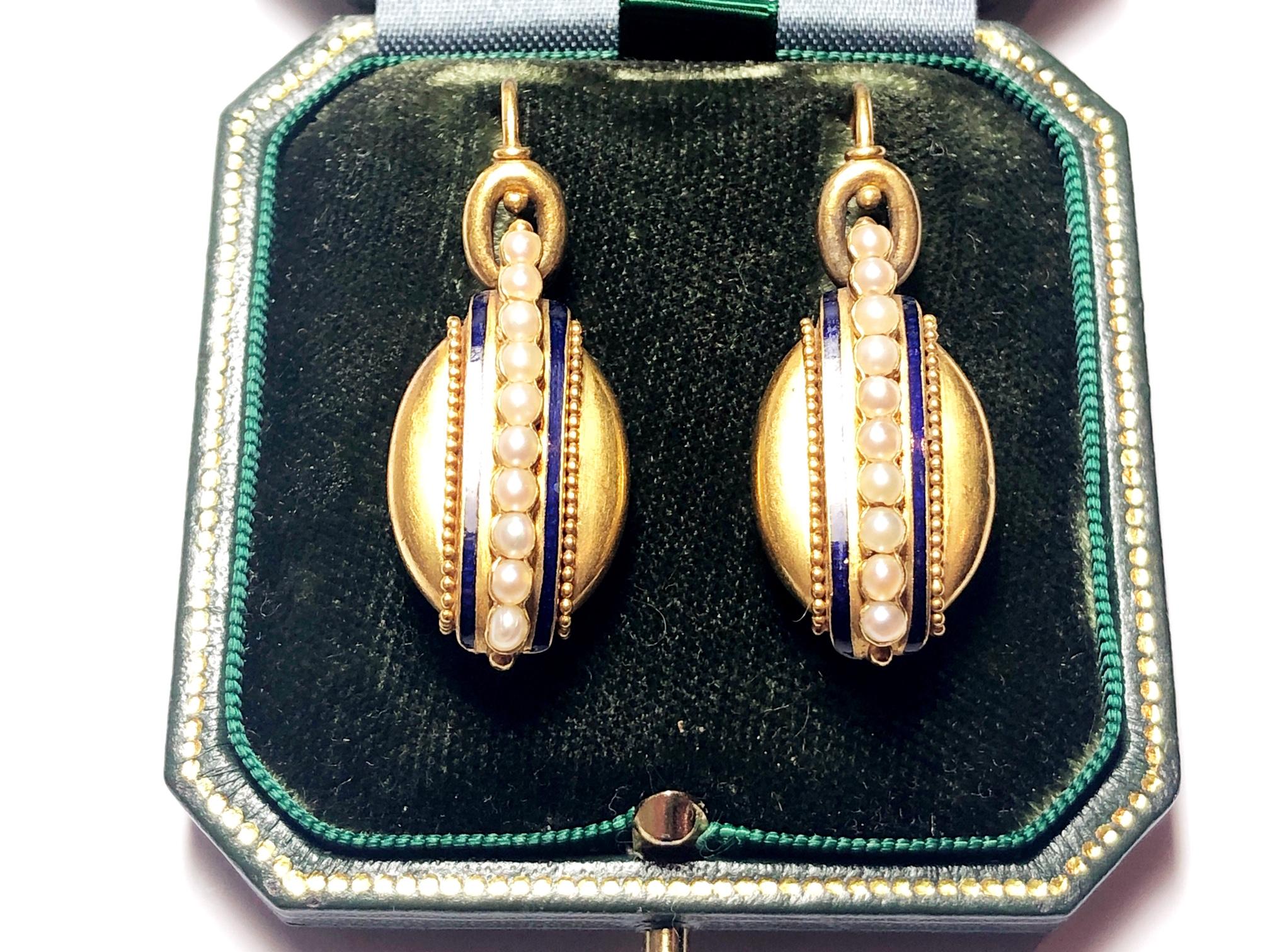 Late Victorian Victorian Blue Enamel Pearl Gold Earrings