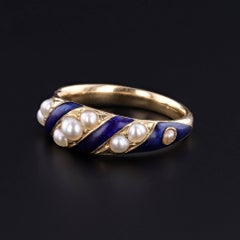 Victorian Blue Enamel & Pearl Locket Ring of 18k Gold