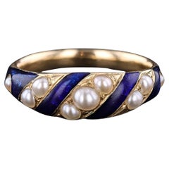 Viktorianischer blauer Emaille- und Perlen-Medaillon-Ring aus 18 Karat Gold