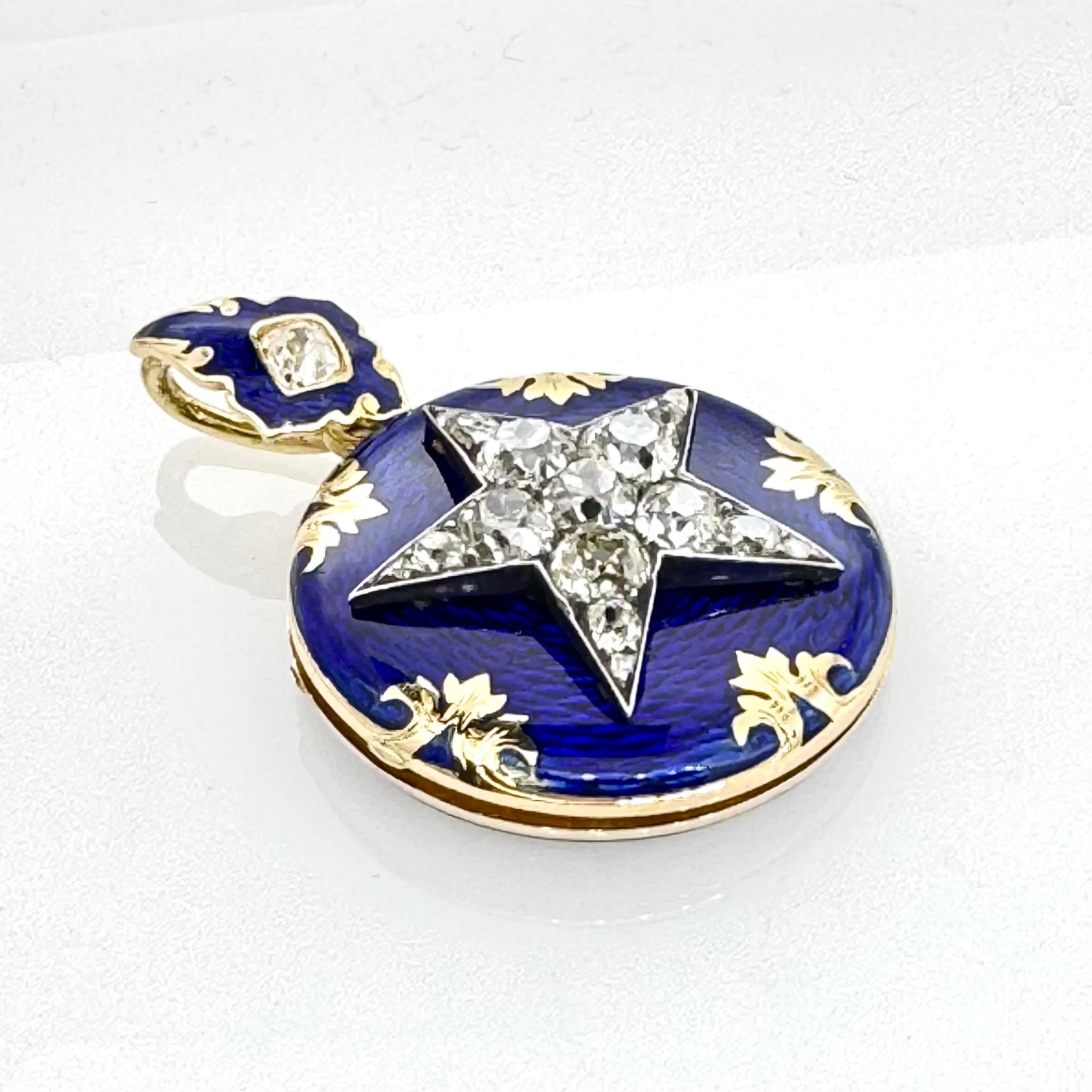 Old Mine Cut Victorian Blue Enamel Pendant Locket with Diamond star For Sale
