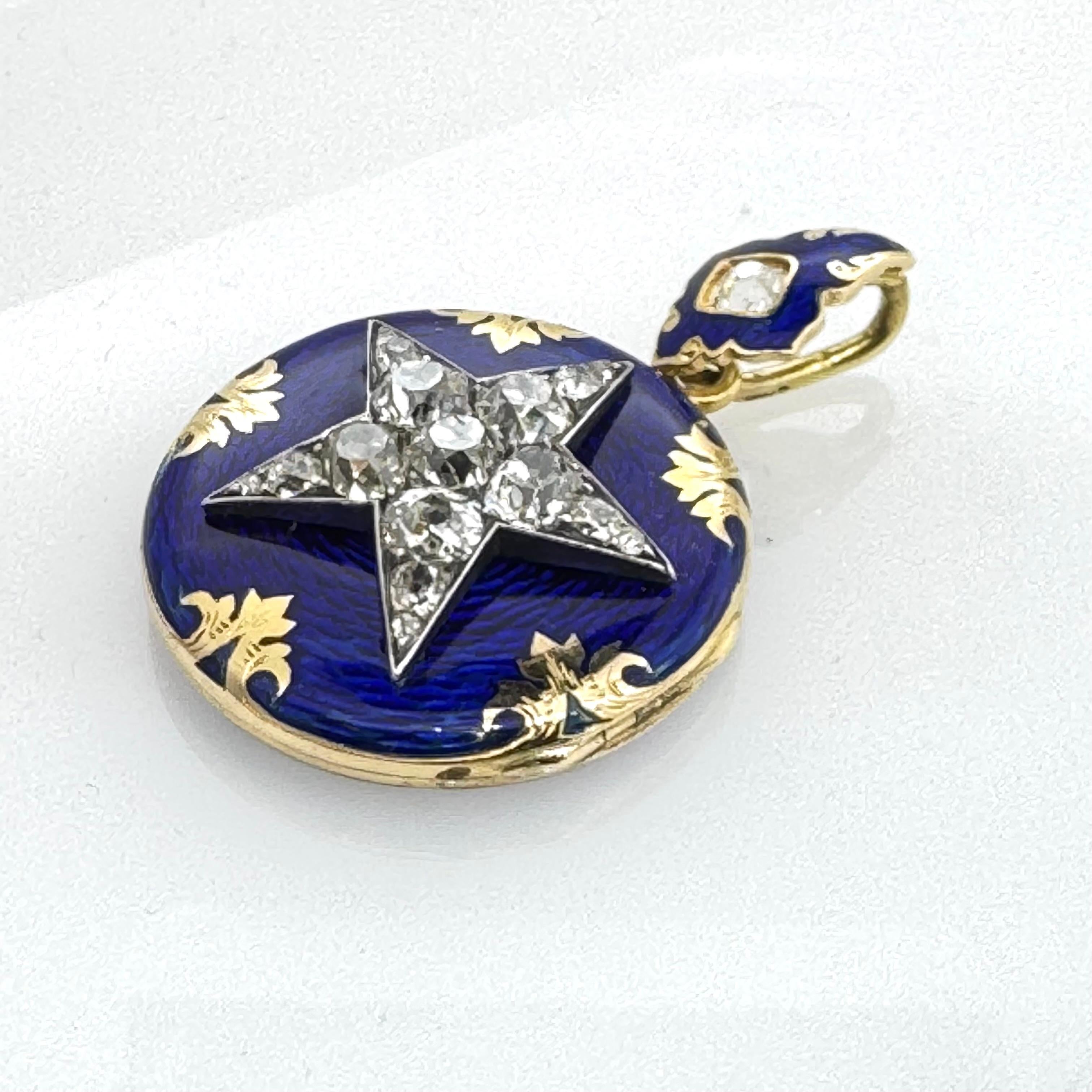 Victorian Blue Enamel Pendant Locket with Diamond star For Sale 4