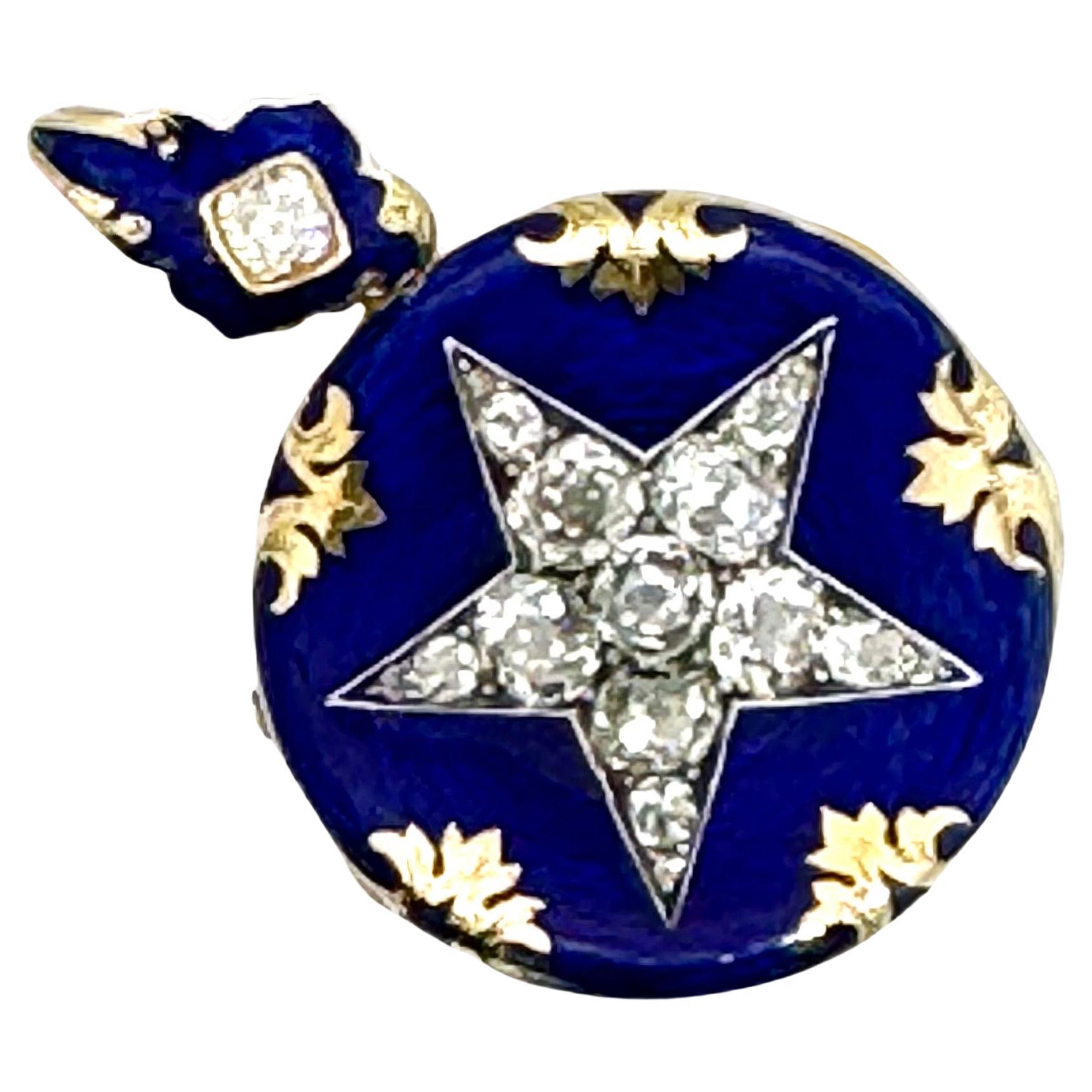 Victorian Blue Enamel Pendant Locket with Diamond star
