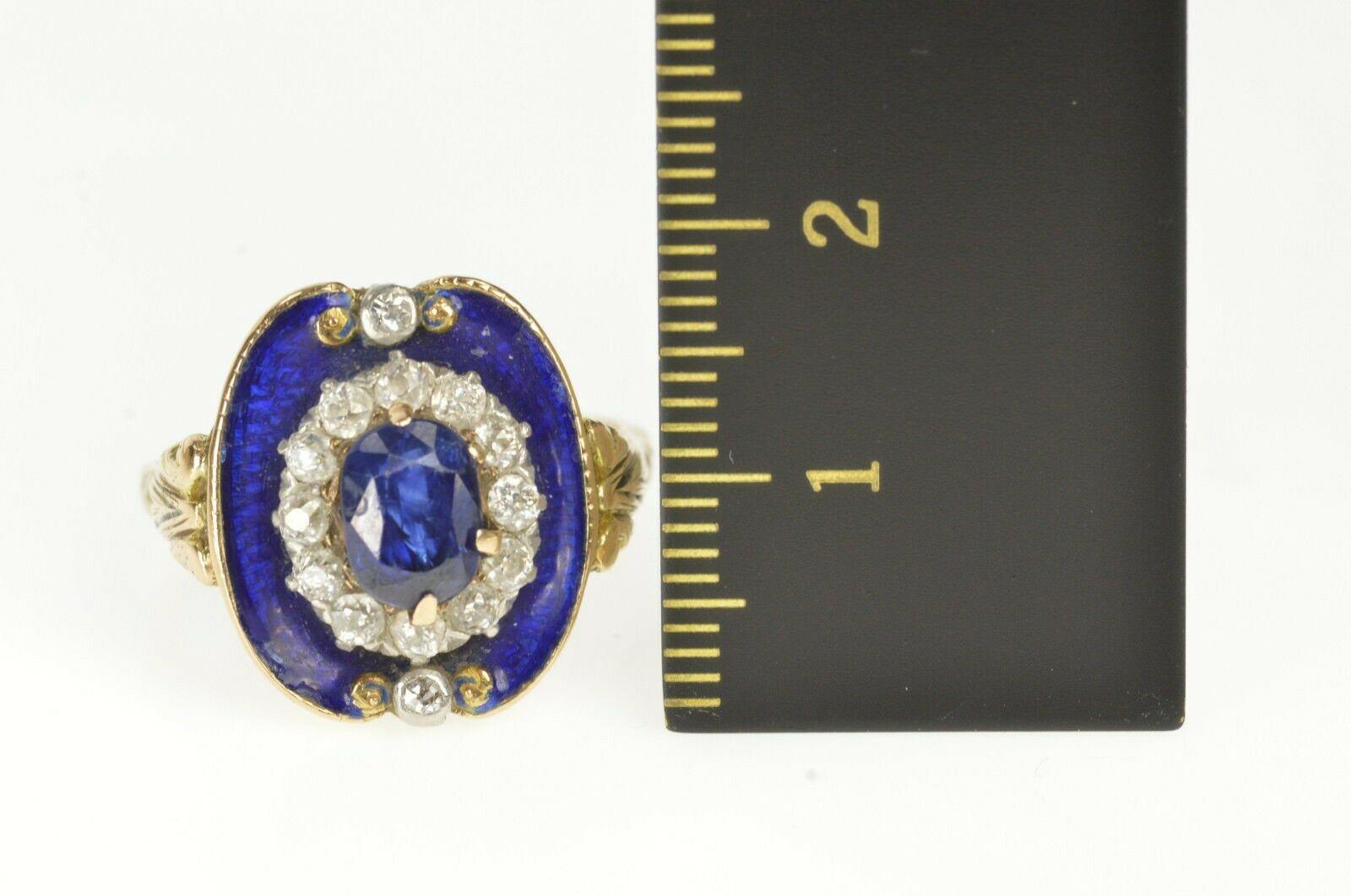 Women's Victorian Blue Enamel Sapphire Diamond Engagement Gold Ring