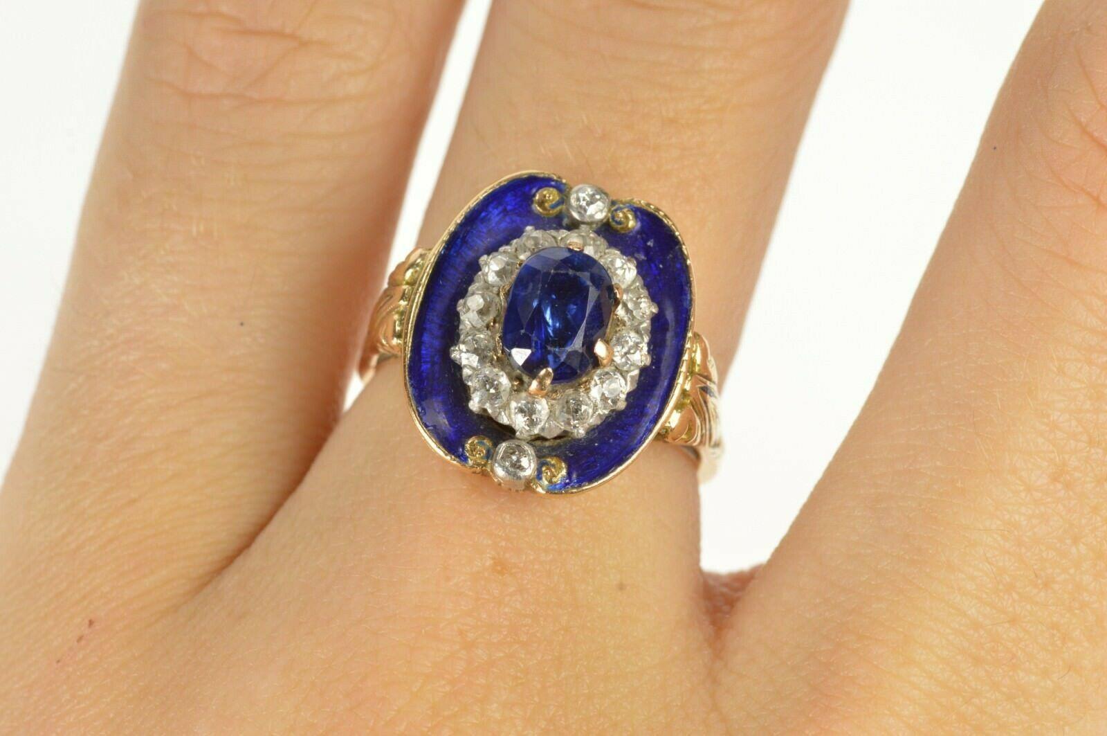 Victorian Blue Enamel Sapphire Diamond Engagement Gold Ring 1