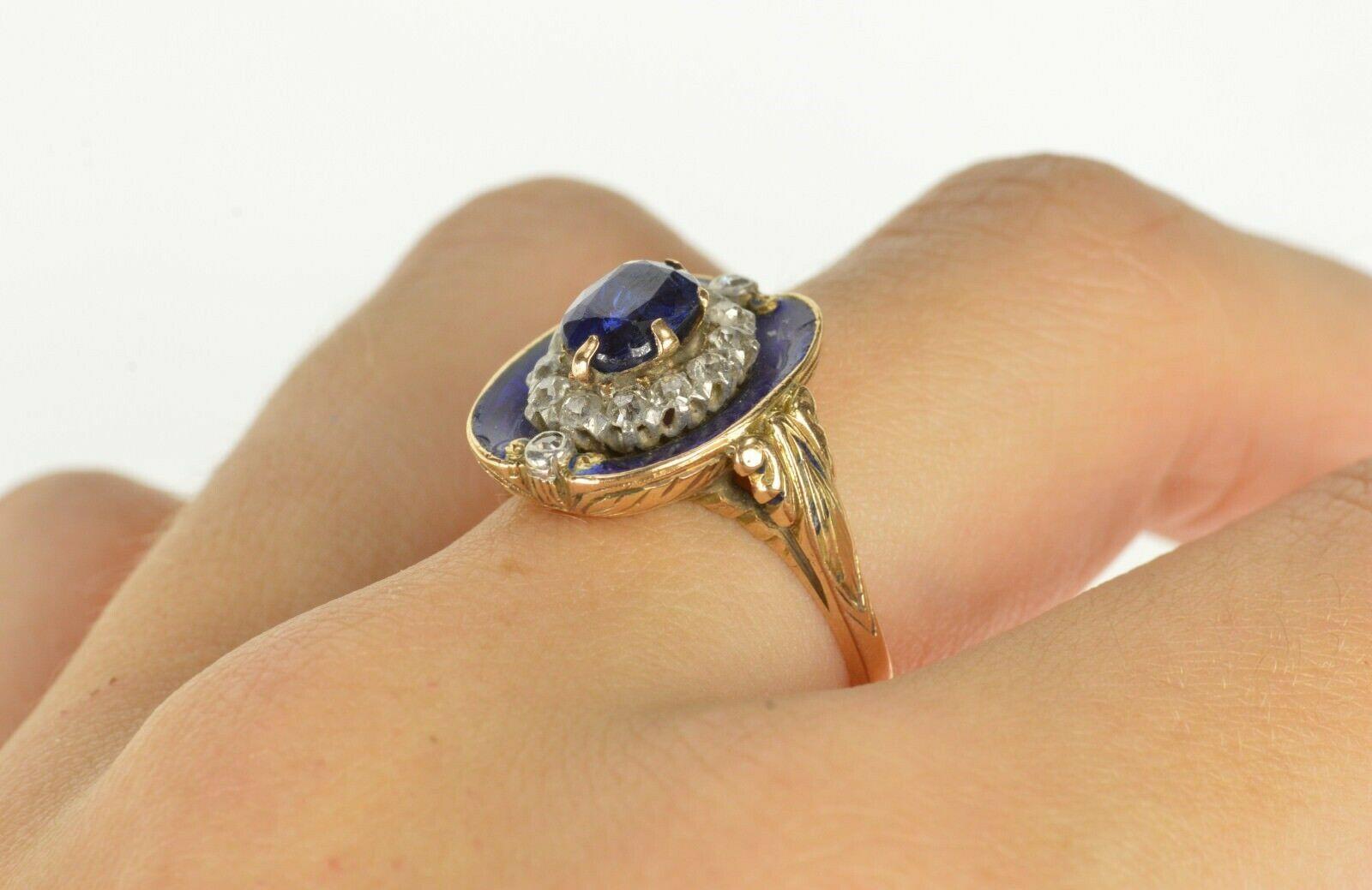 Victorian Blue Enamel Sapphire Diamond Engagement Gold Ring 2