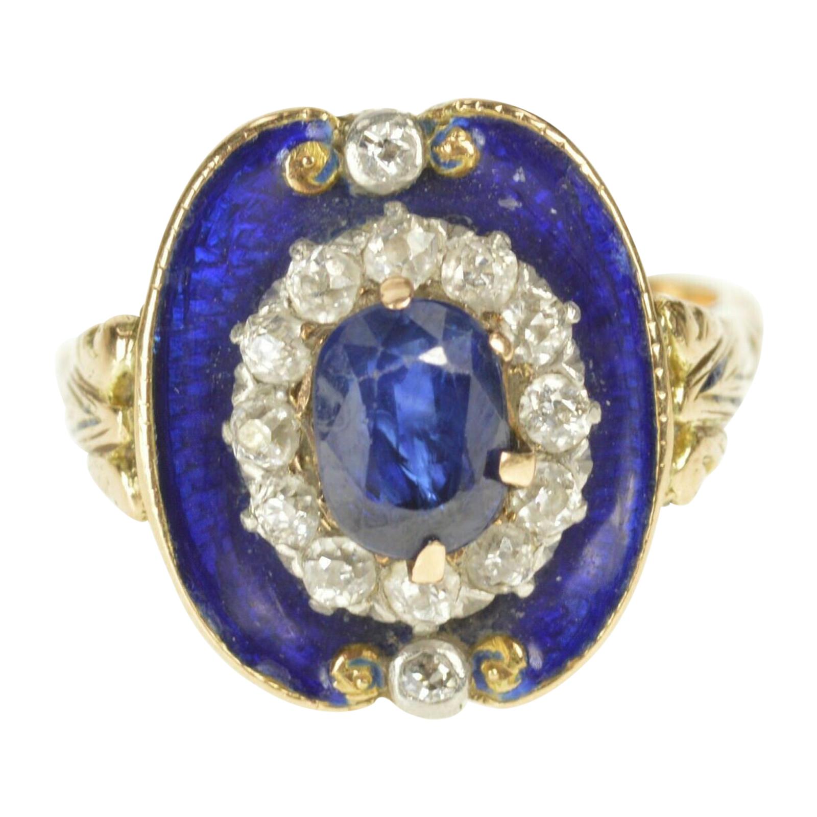 Victorian Blue Enamel Sapphire Diamond Engagement Gold Ring