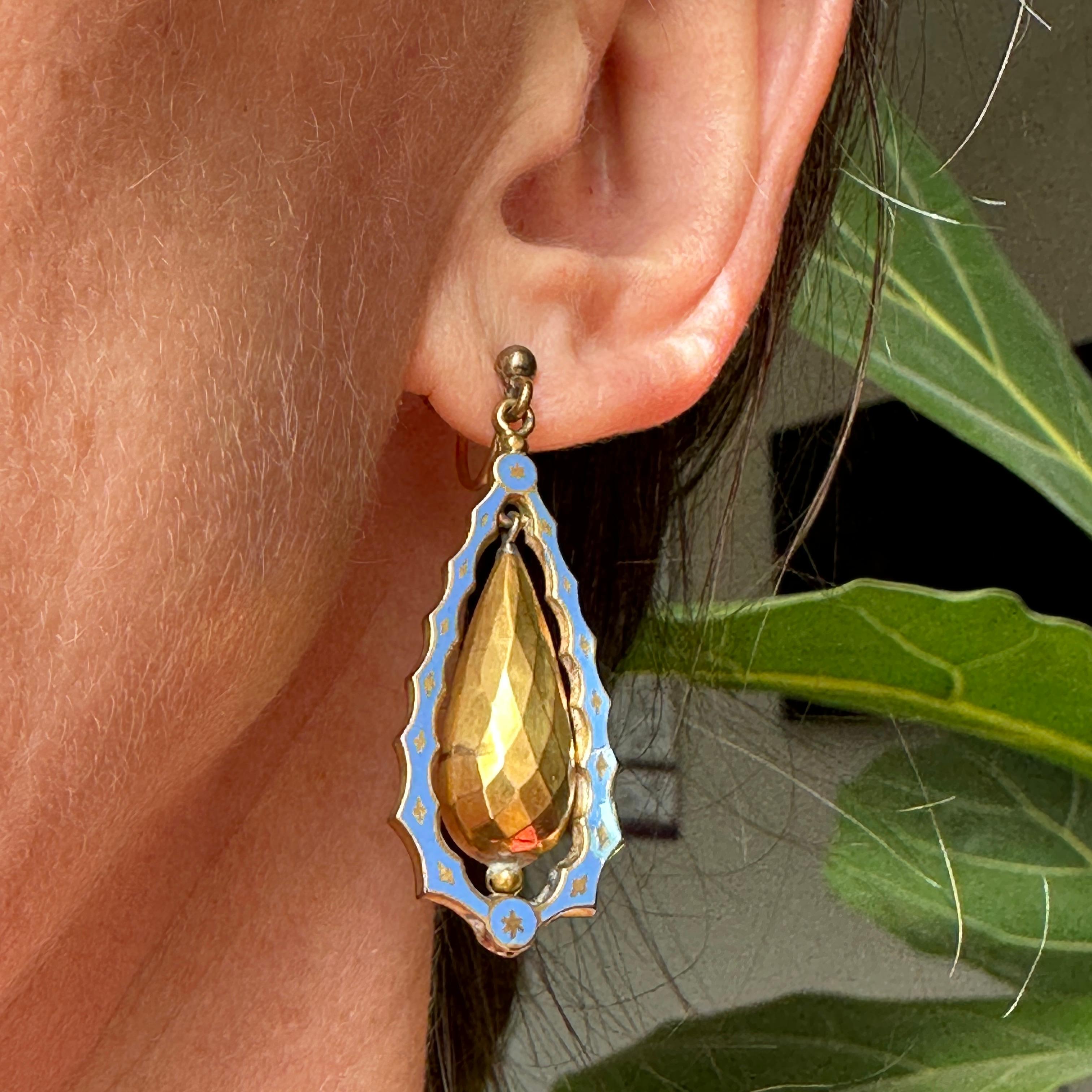 Victorian Blue Enamel Torpedo 14K Earrings In Good Condition For Sale In Scotts Valley, CA