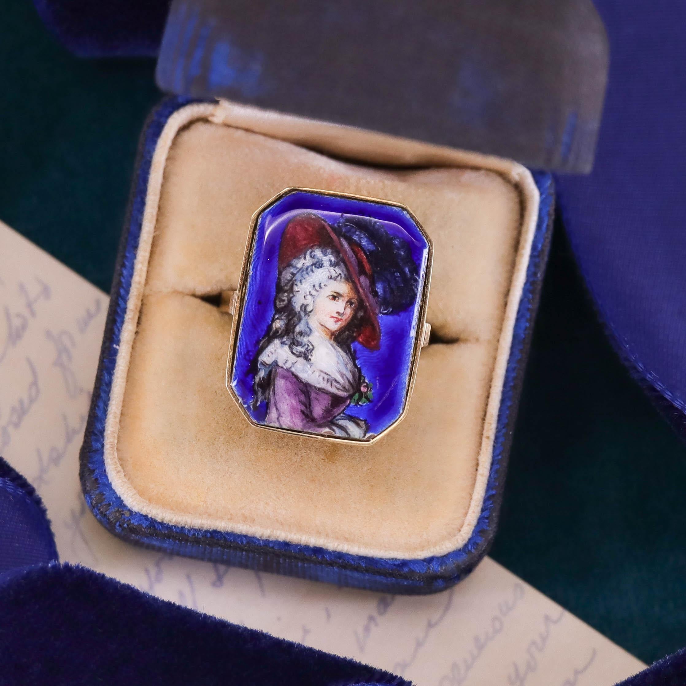Donna Anello di conversione vittoriano per donna con smalto blu in oro 14k in vendita