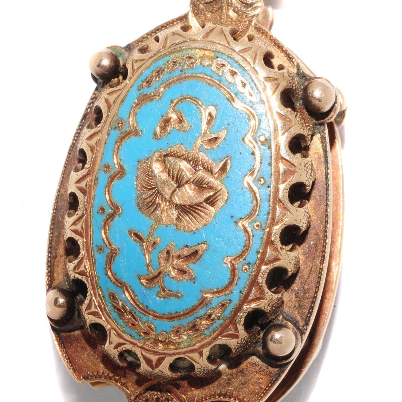 Women's Victorian Blue Enamel Yellow Gold Locket Pendant