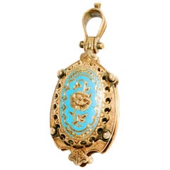 Victorian Blue Enamel Yellow Gold Locket Pendant