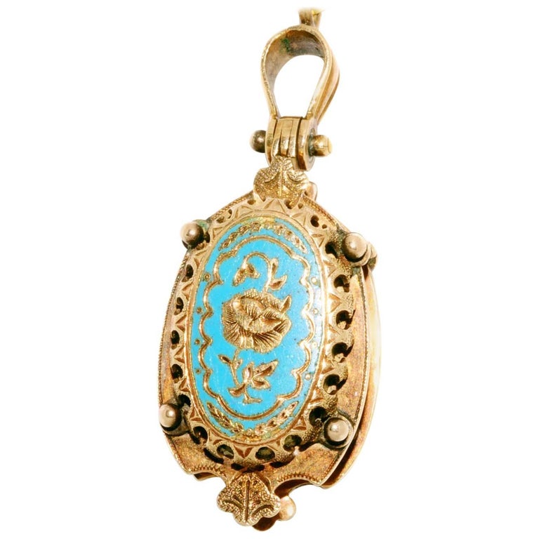 Victorian Blue Enamel Yellow Gold Locket Pendant For Sale at 1stDibs