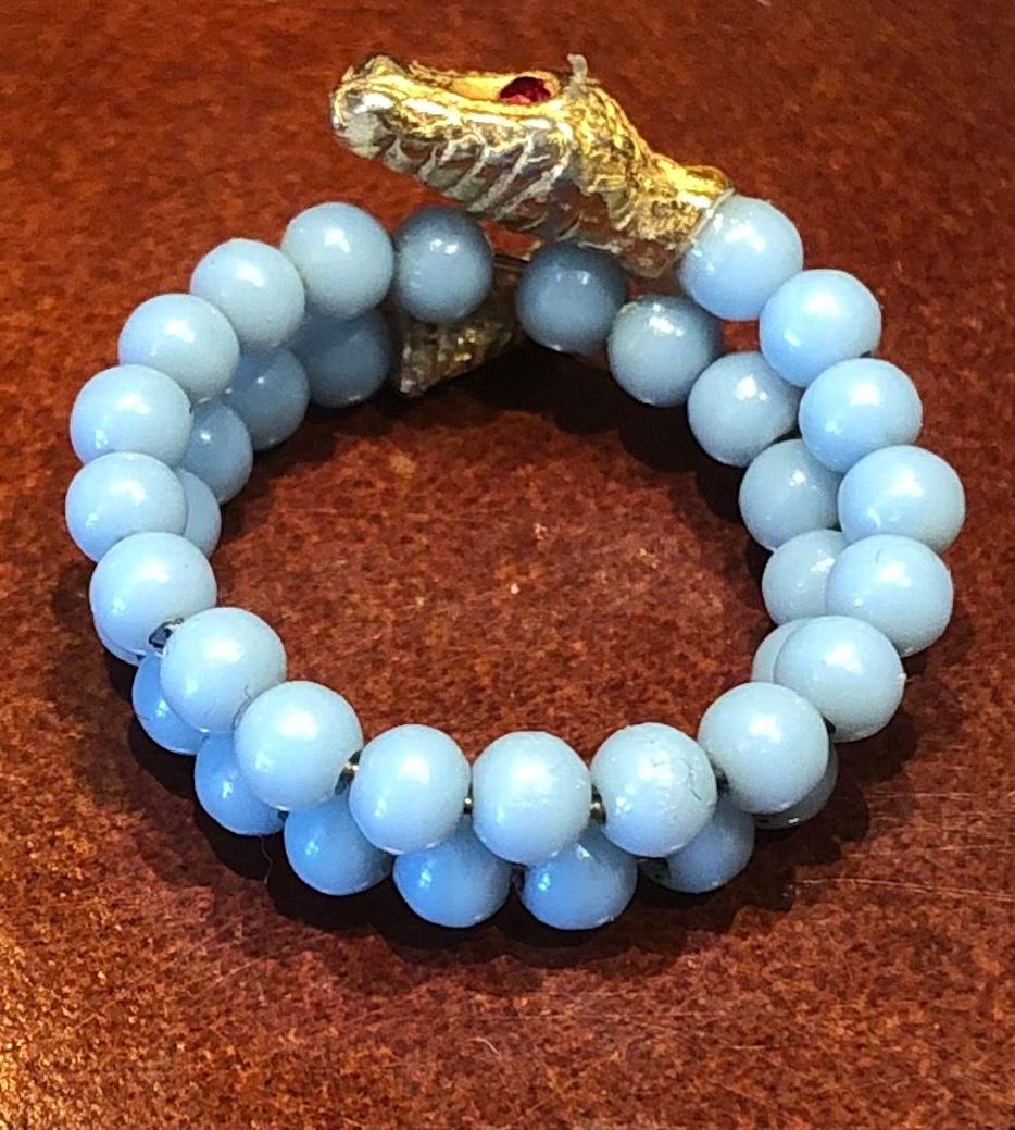 Victorian Blue Glass Bead Snake Ring, c1890 In Excellent Condition For Sale In Baltimore, MD