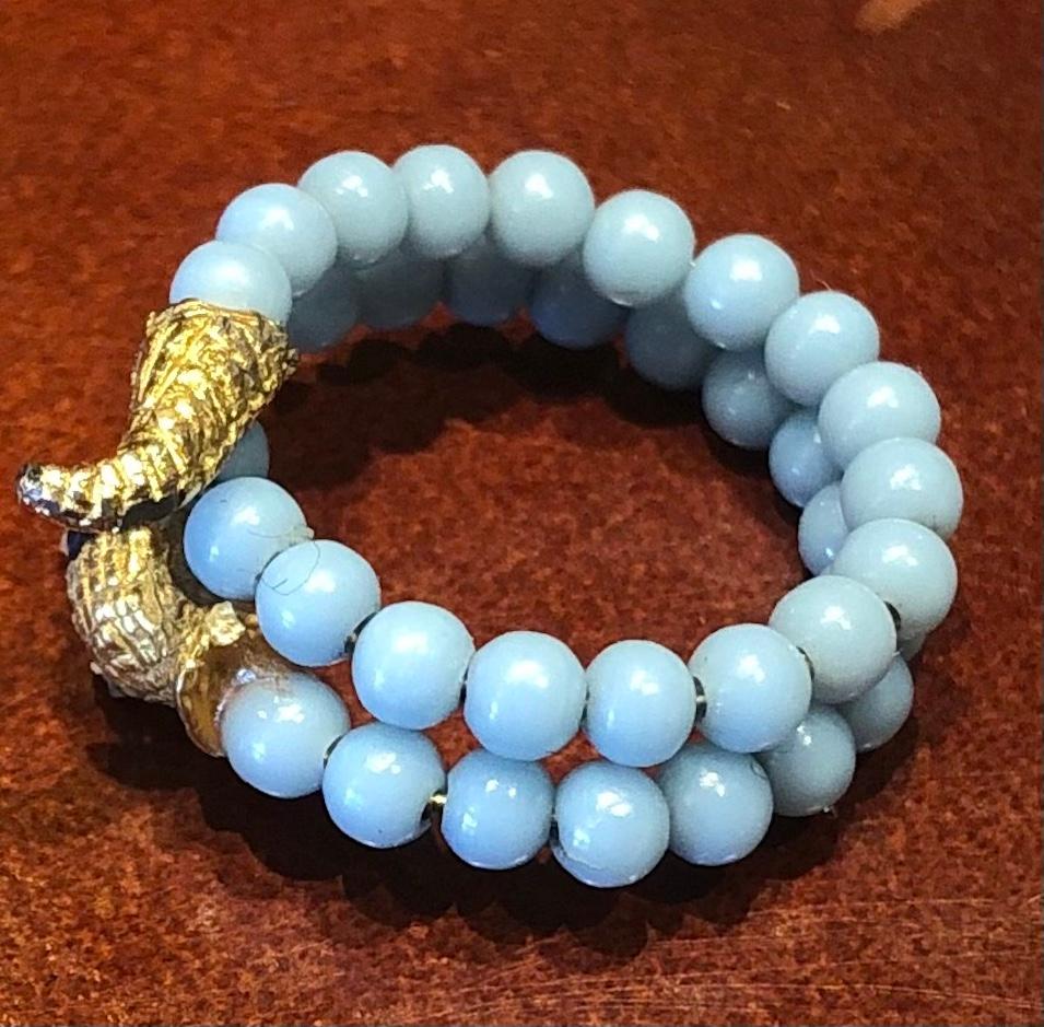 Women's or Men's Victorian Blue Glass Bead Snake Ring, c1890 For Sale