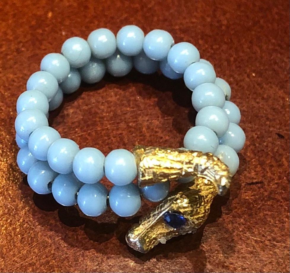 Victorian Blue Glass Bead Snake Ring, c1890 For Sale 2