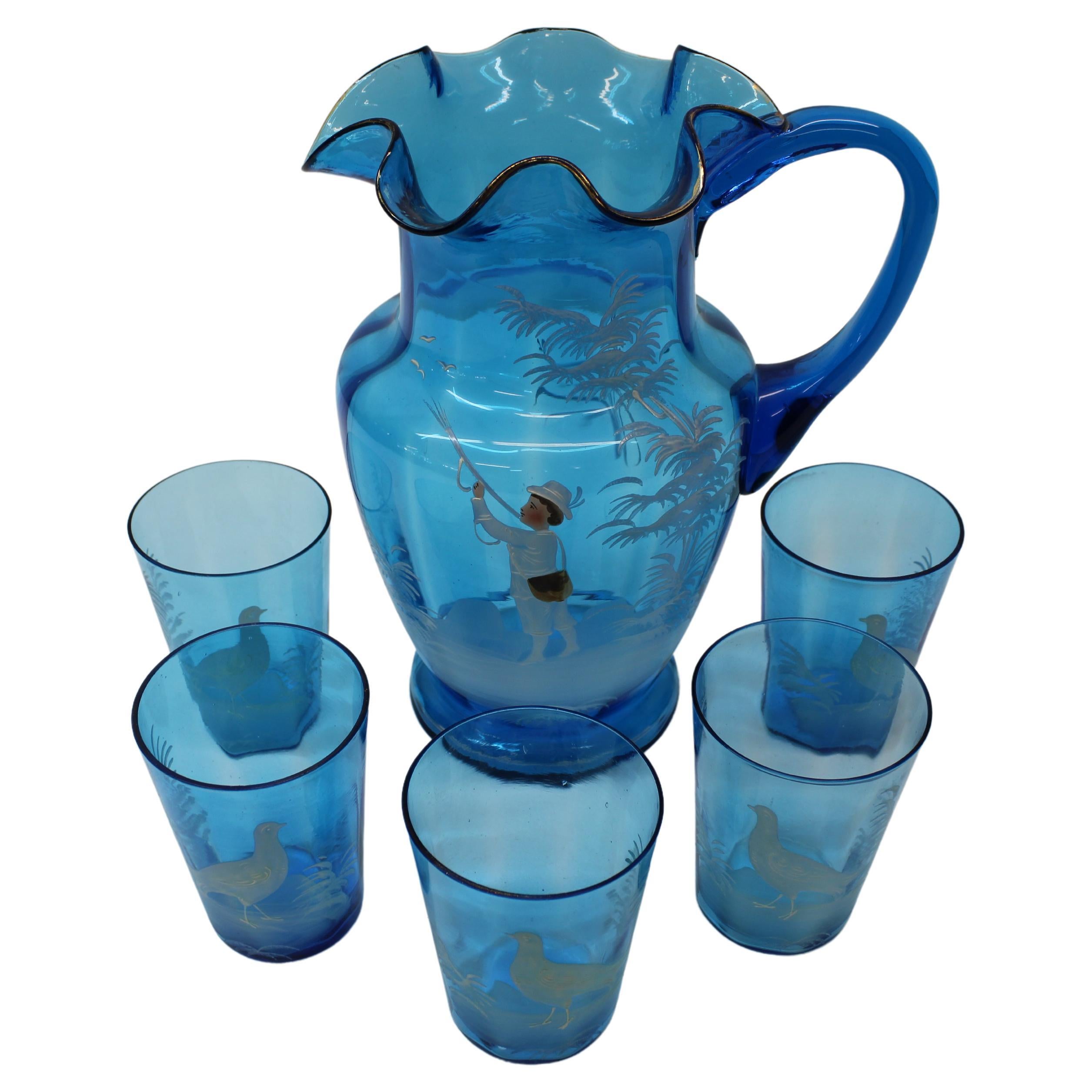 C. 20th century beautiful Victorian ( Mary Gregory ) blue glass pitcher w/ 5 adorable tumblers, hand painted / hand blown enamel.
Whether it be 