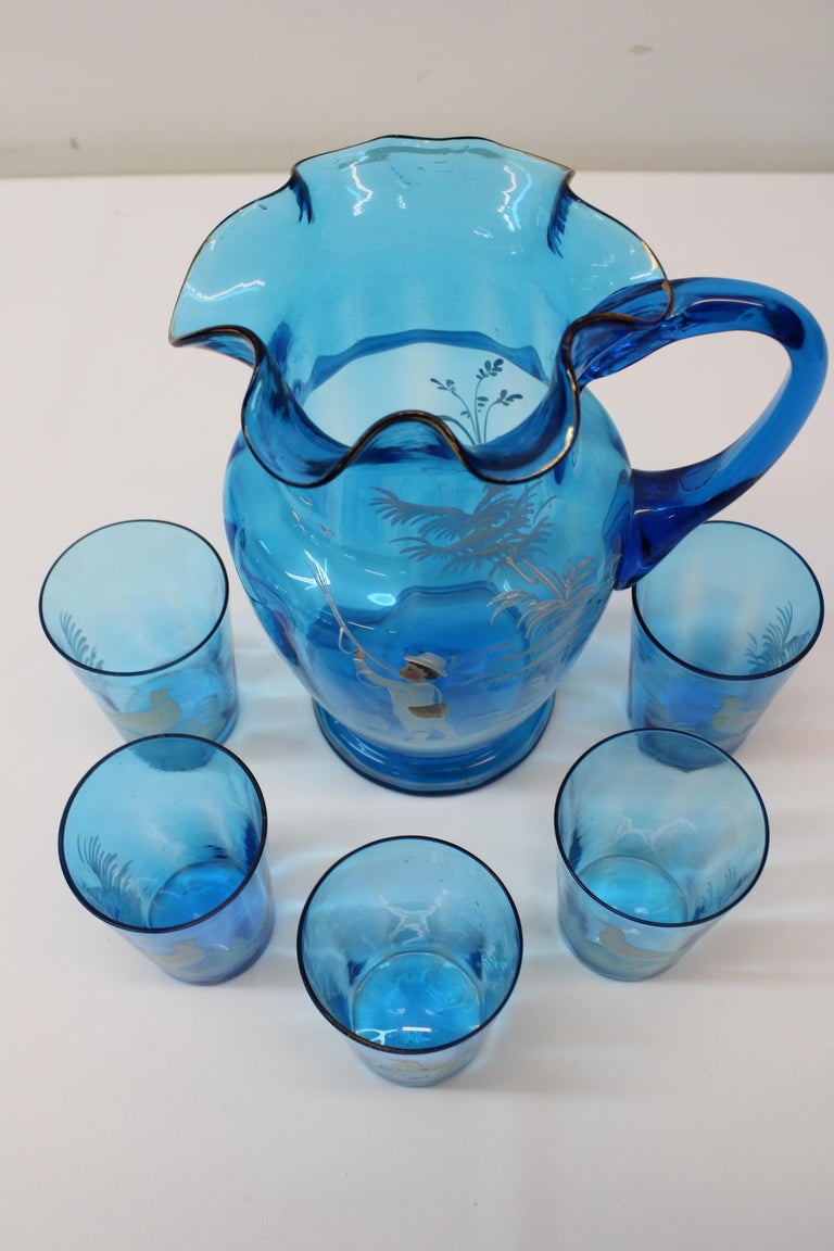 Victorian Blue Glass Pitcher w/ 5 Tumblers For Sale at 1stDibs