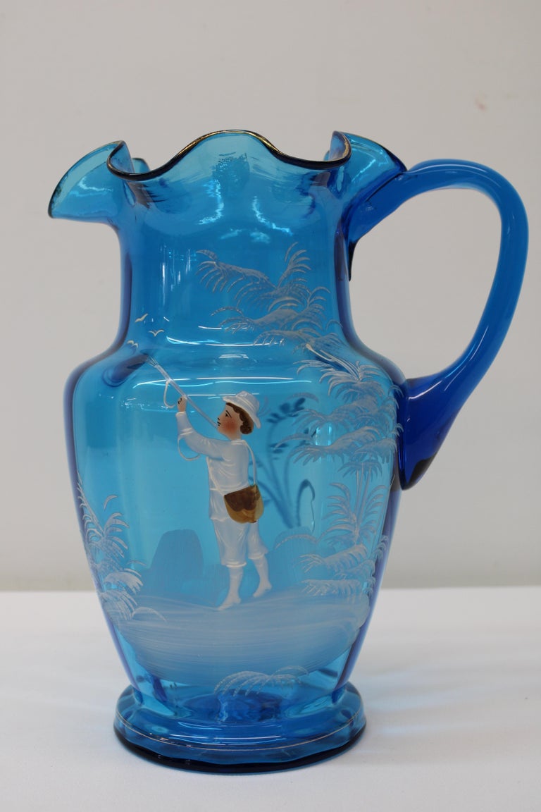 Victorian Blue Glass Pitcher w/ 5 Tumblers For Sale at 1stDibs