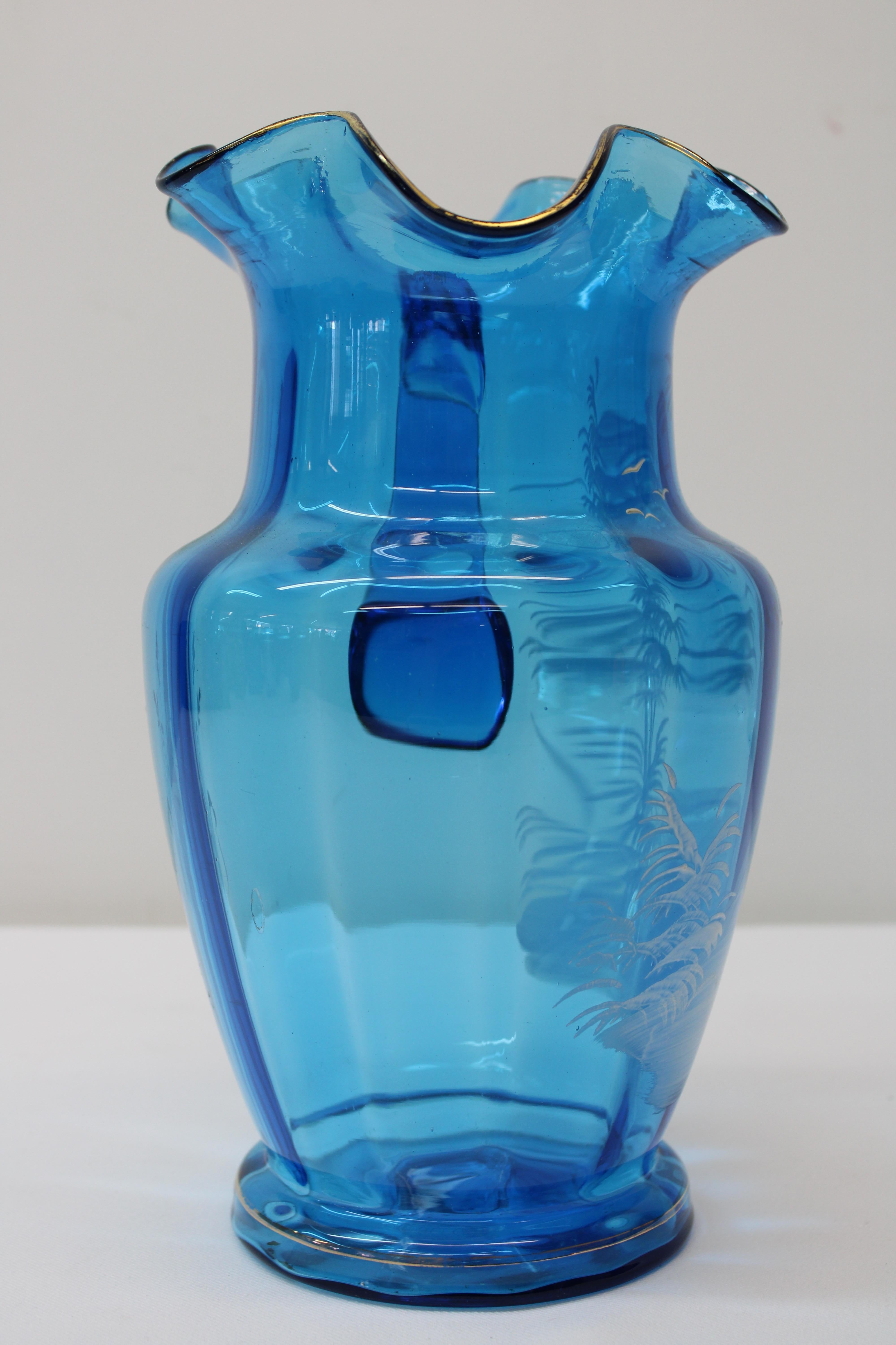 Victorian Blue Glass Pitcher w/ 5 Tumblers In Good Condition For Sale In San Francisco, CA