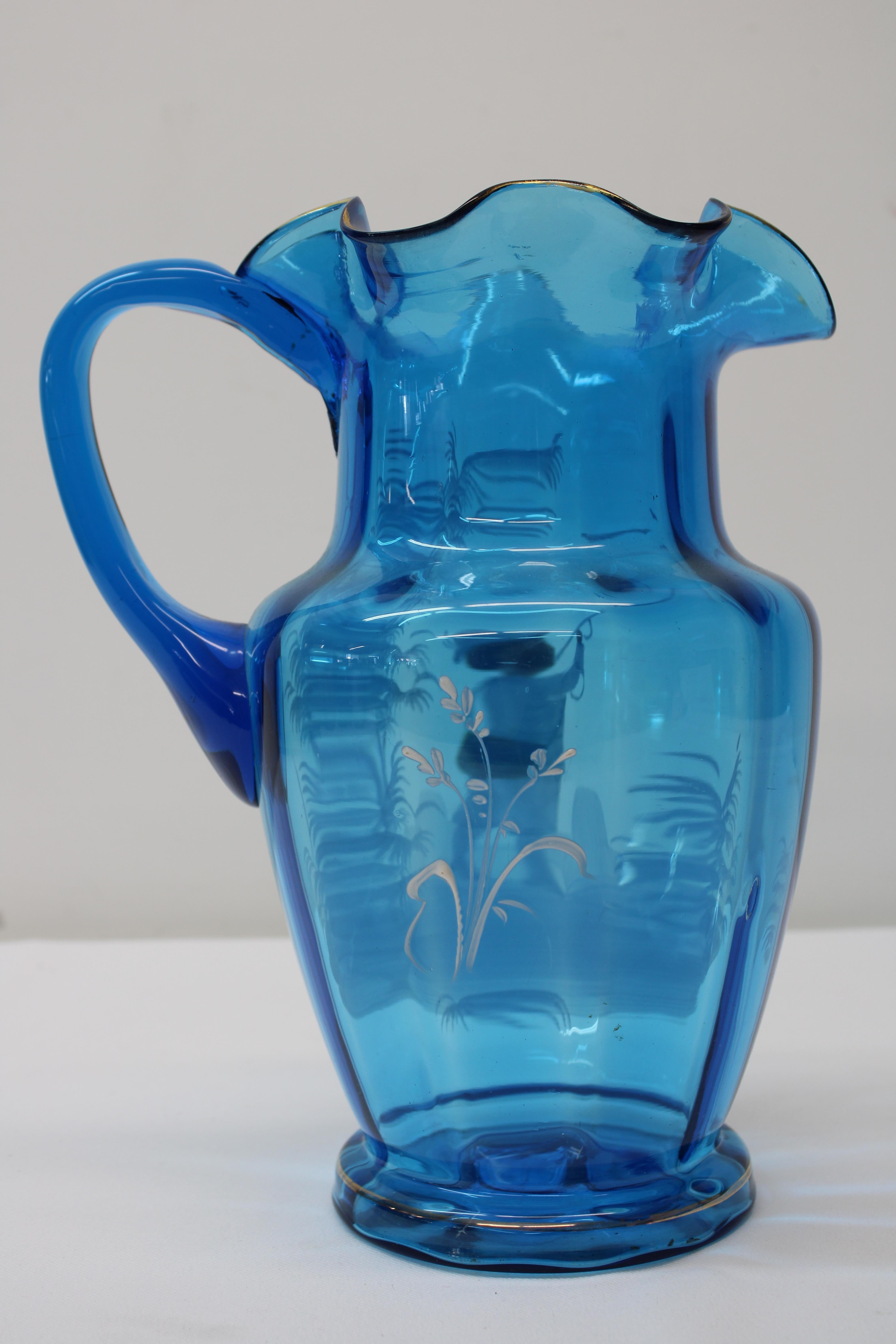 20th Century Victorian Blue Glass Pitcher w/ 5 Tumblers For Sale