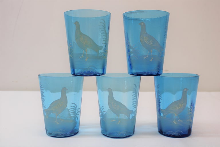 Victorian Blue Glass Pitcher w/ 5 Tumblers For Sale at 1stDibs