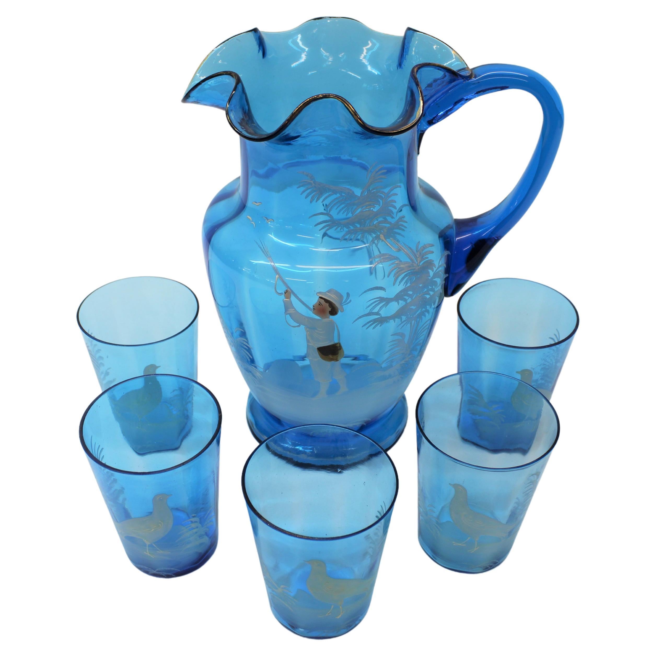 Victorian Blue Glass Pitcher w/ 5 Tumblers For Sale
