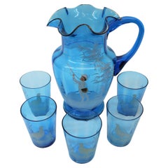 Vintage Victorian Blue Glass Pitcher w/ 5 Tumblers