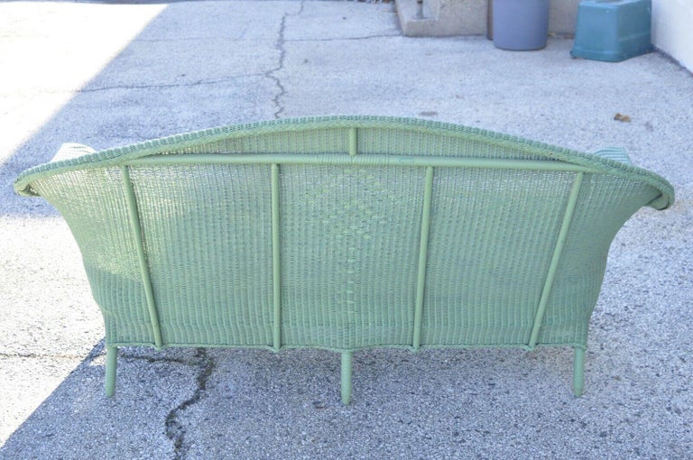 Victorian Blue Green Woven Wicker Sunroom Sofa Rocking Chair Lounge Chair 3 Pcs For Sale at 1stDibs