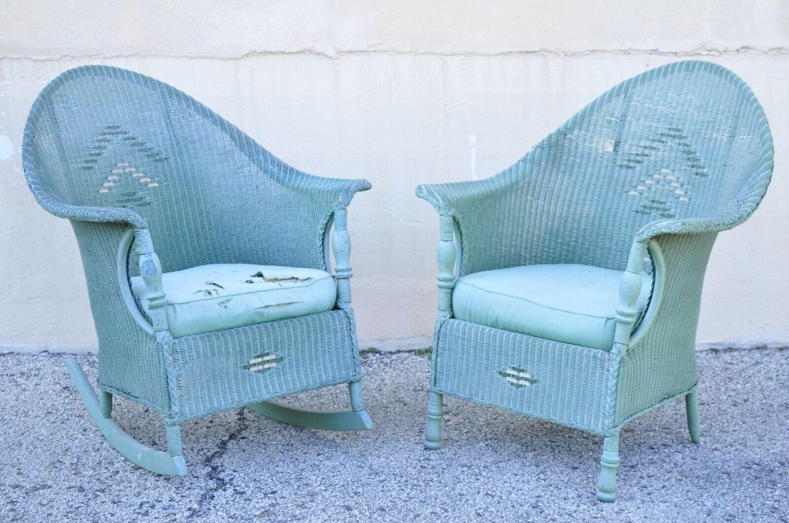 Antique Victorian Blue Green Woven Wicker Sunroom Sofa Set Rocking Chair and Lounge Chair - 3 Pc Set. Item features (1) sofa, (1) lounge chair, (1) rocking chair, woven 