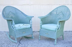 Victorian Blue Green Woven Wicker Sunroom Sofa Rocking Chair Lounge Chair 3 Pcs