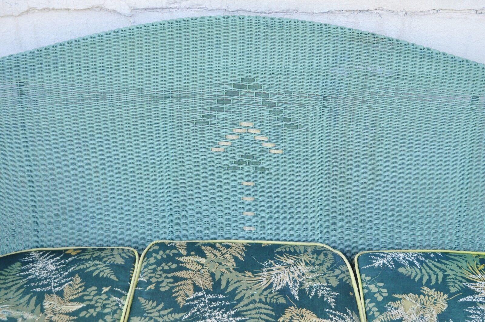 Victorian Blue Green Woven Wicker Sunroom Sofa Rocking Chair Lounge Chair 3 Pcs In Good Condition For Sale In Philadelphia, PA