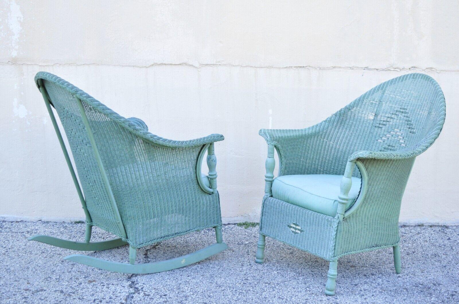 20th Century Victorian Blue Green Woven Wicker Sunroom Sofa Rocking Chair Lounge Chair 3 Pcs For Sale