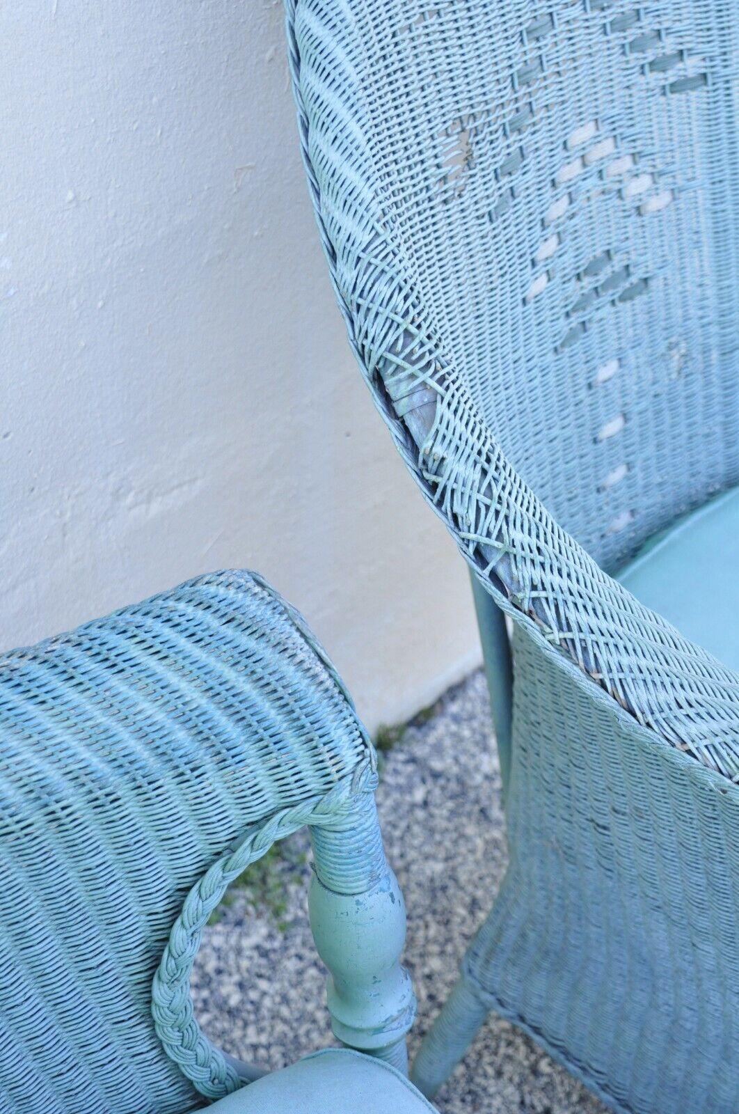 Victorian Blue Green Woven Wicker Sunroom Sofa Rocking Chair Lounge Chair 3 Pcs For Sale 2