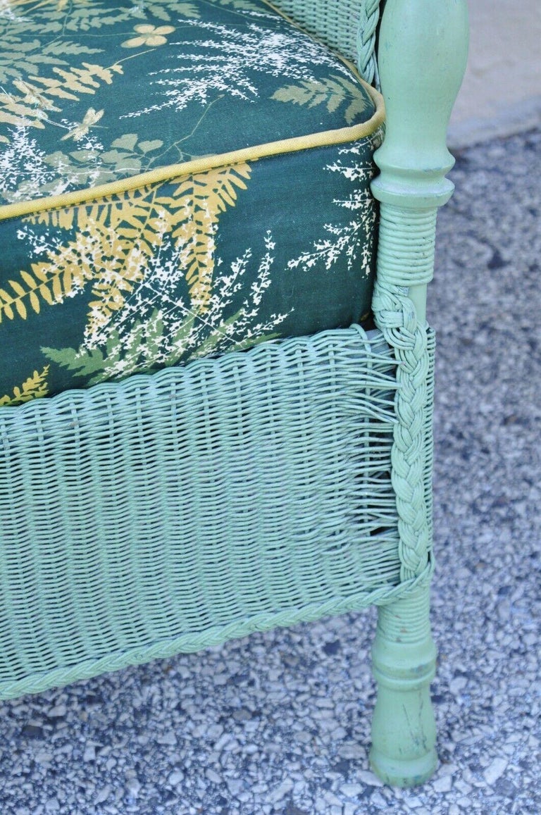 Victorian Blue Green Woven Wicker Sunroom Sofa Rocking Chair Lounge