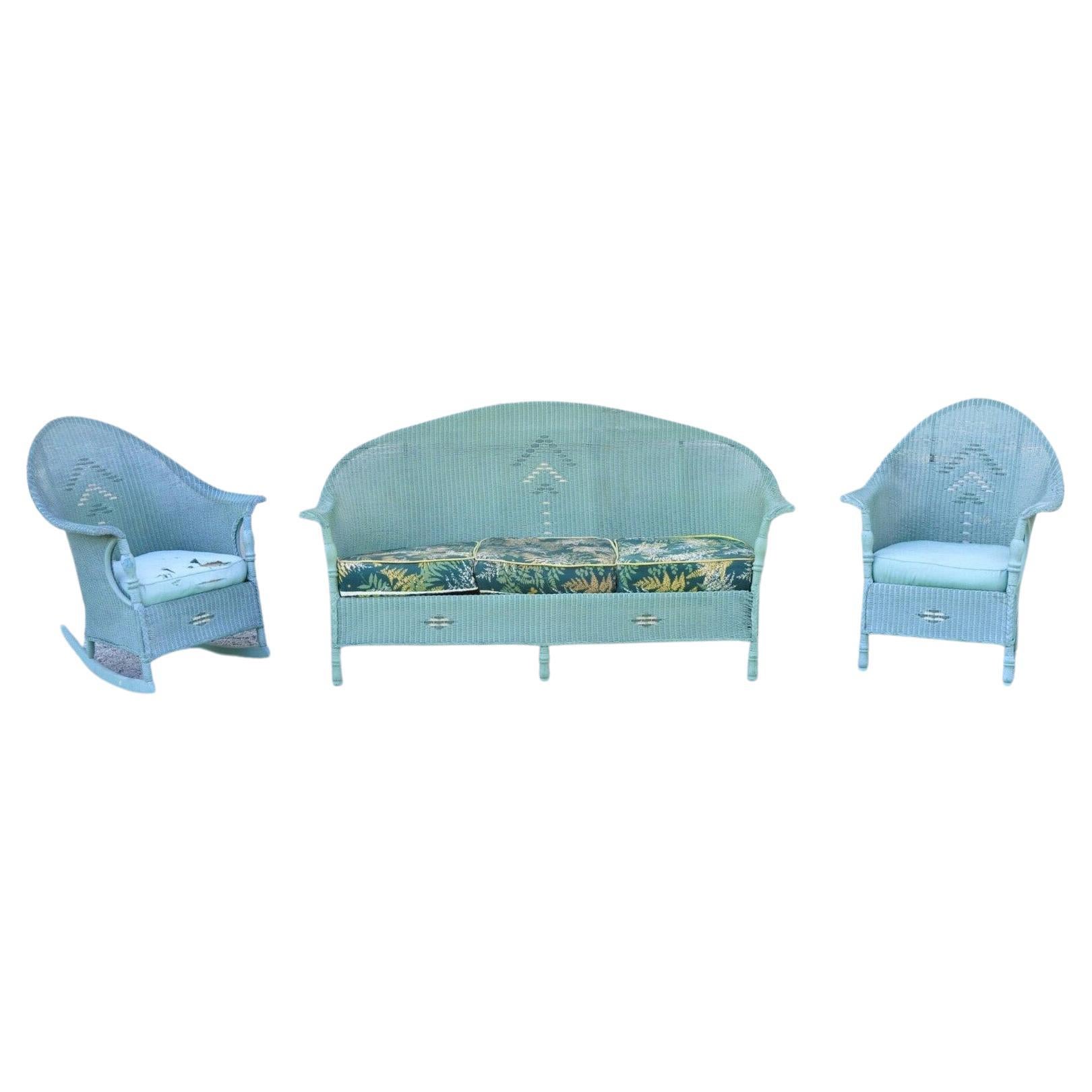 Viktorianisches blau-grünes gewebtes Korbweide-Sofa, Sonnenzimmer-Sofa, Schaukelstuhl, Loungesessel, 3 Teile