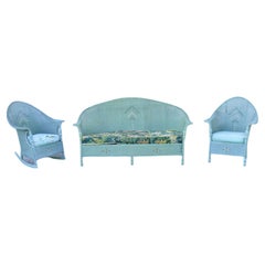 Antique Victorian Blue Green Woven Wicker Sunroom Sofa Rocking Chair Lounge Chair 3 Pcs