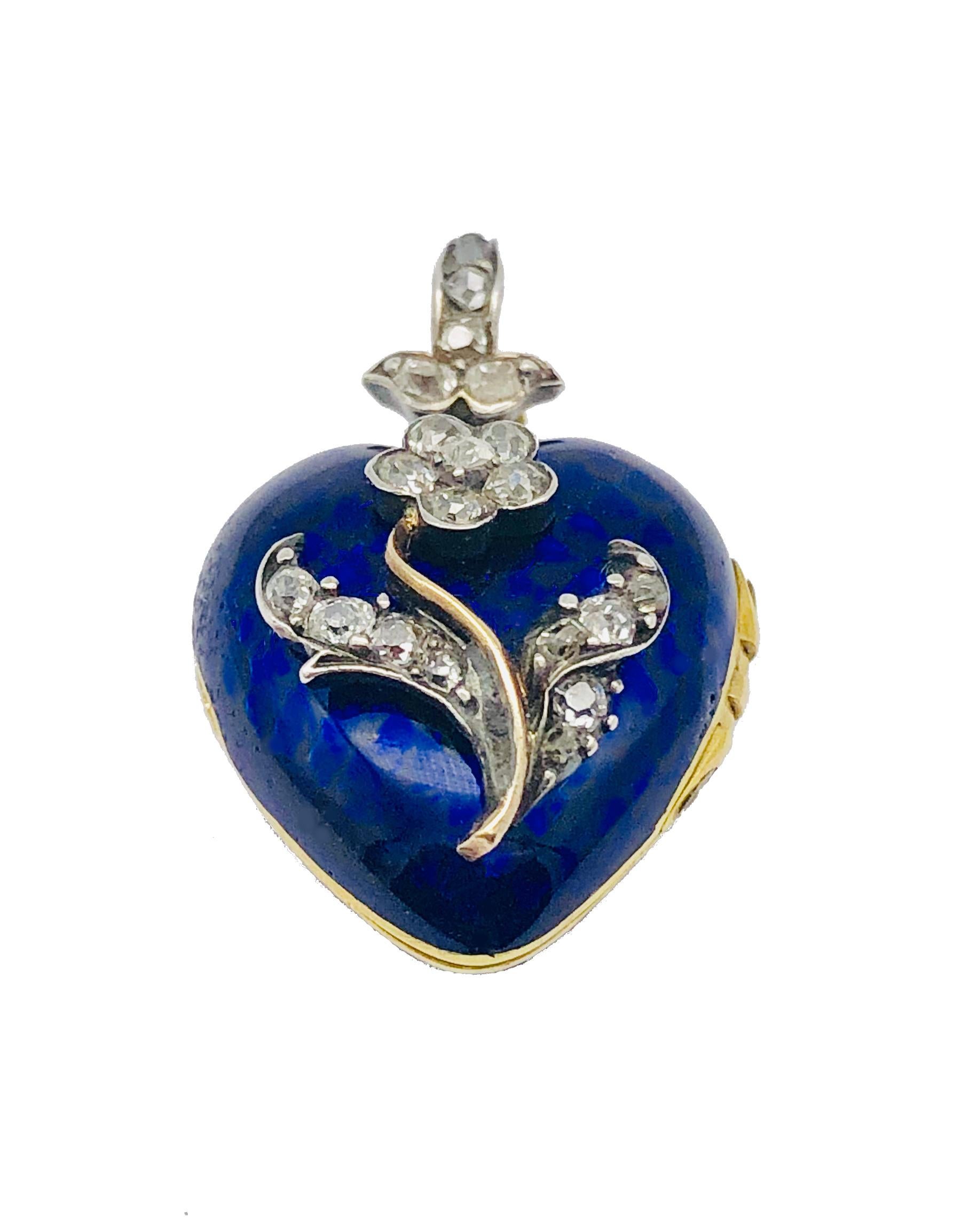 Old European Cut Antique 1845 Victorian Blue Enamel Heart Diamond Locket Pendant Necklace 18Kt 