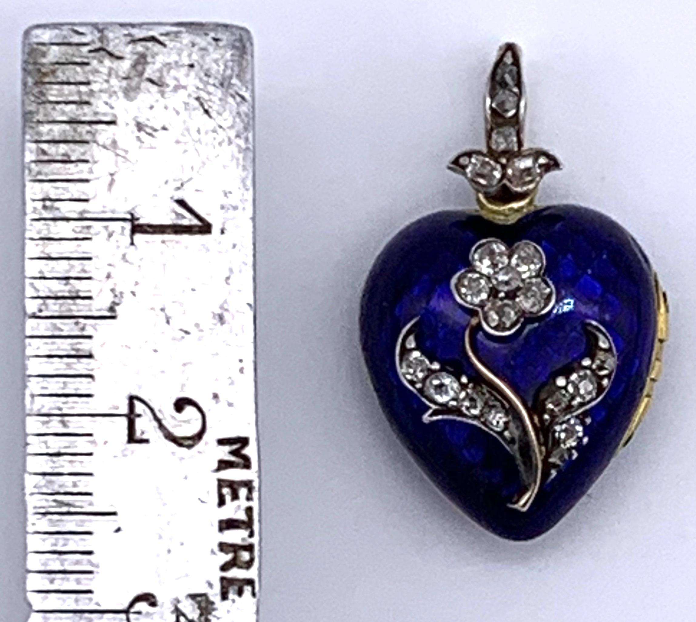 Women's Antique 1845 Victorian Blue Enamel Heart Diamond Locket Pendant Necklace 18Kt 