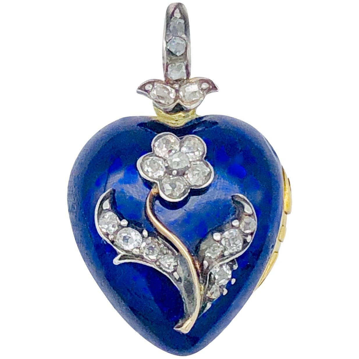 Antique 1845 Victorian Blue Enamel Heart Diamond Locket Pendant Necklace 18Kt 