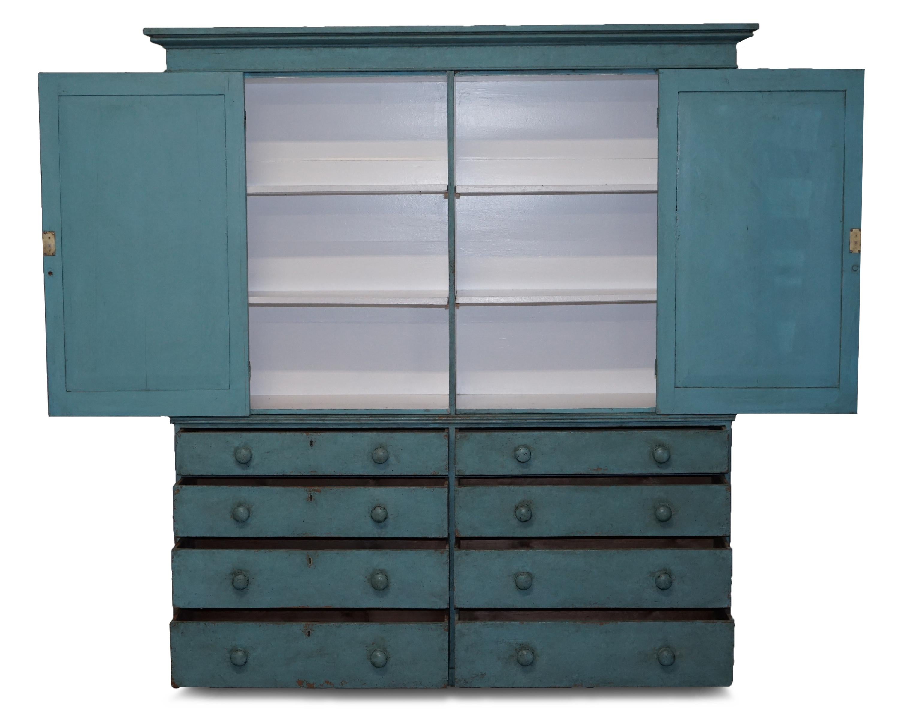 Victorian Blue Painted Pine circa 1860 Housekeepers Cupboard Chest of Drawers 9