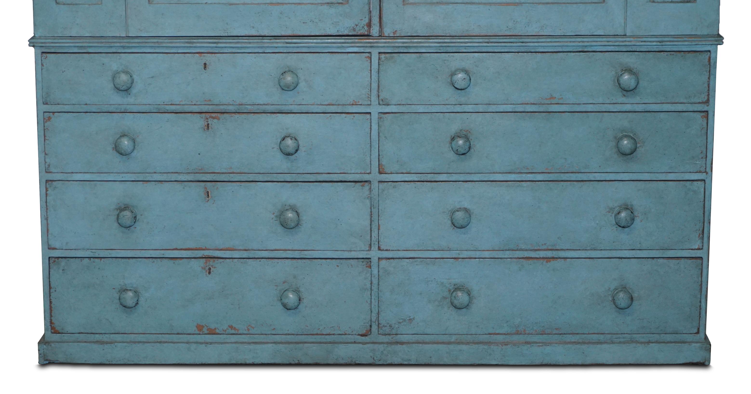 English Victorian Blue Painted Pine circa 1860 Housekeepers Cupboard Chest of Drawers