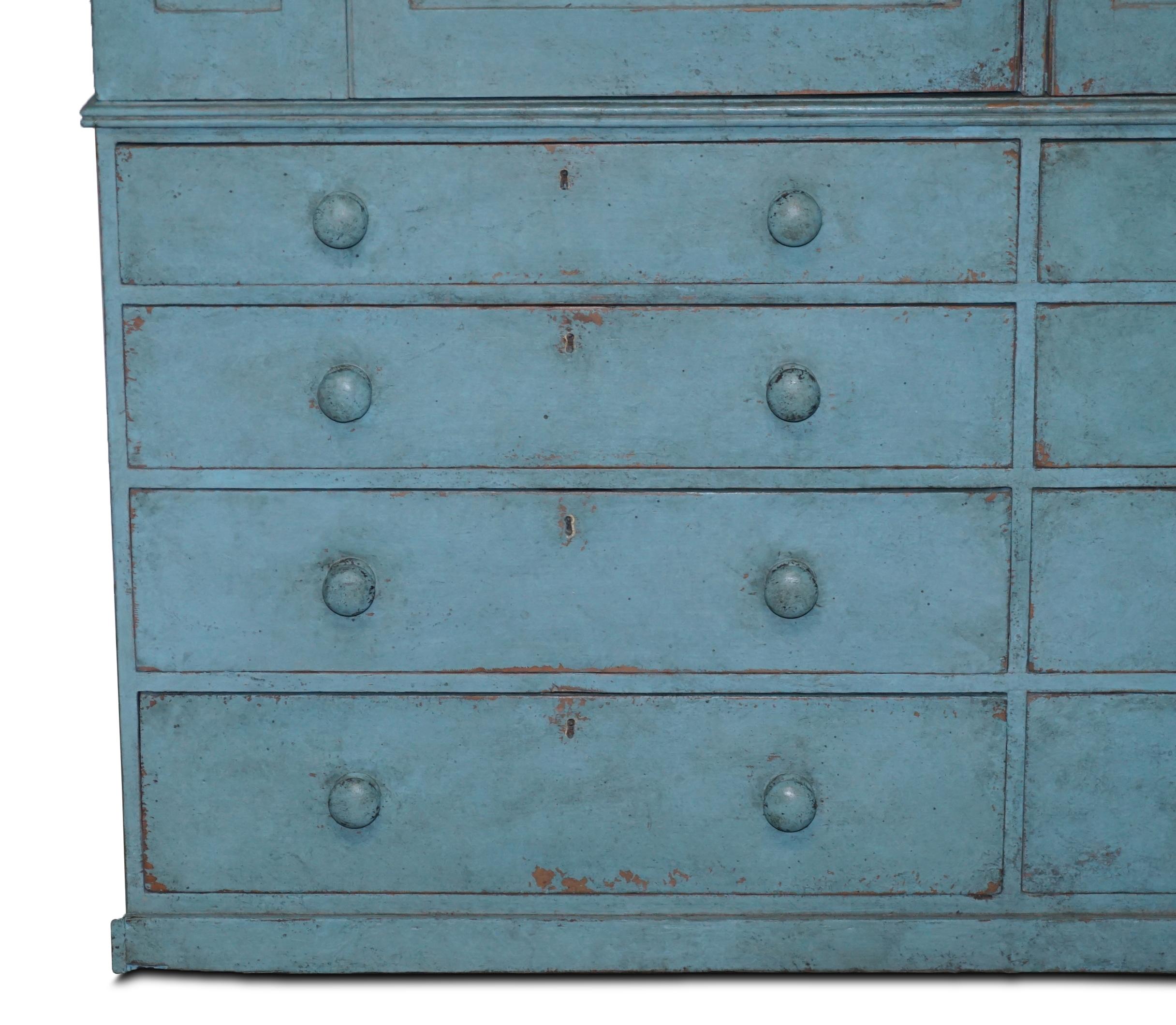 Hand-Painted Victorian Blue Painted Pine circa 1860 Housekeepers Cupboard Chest of Drawers