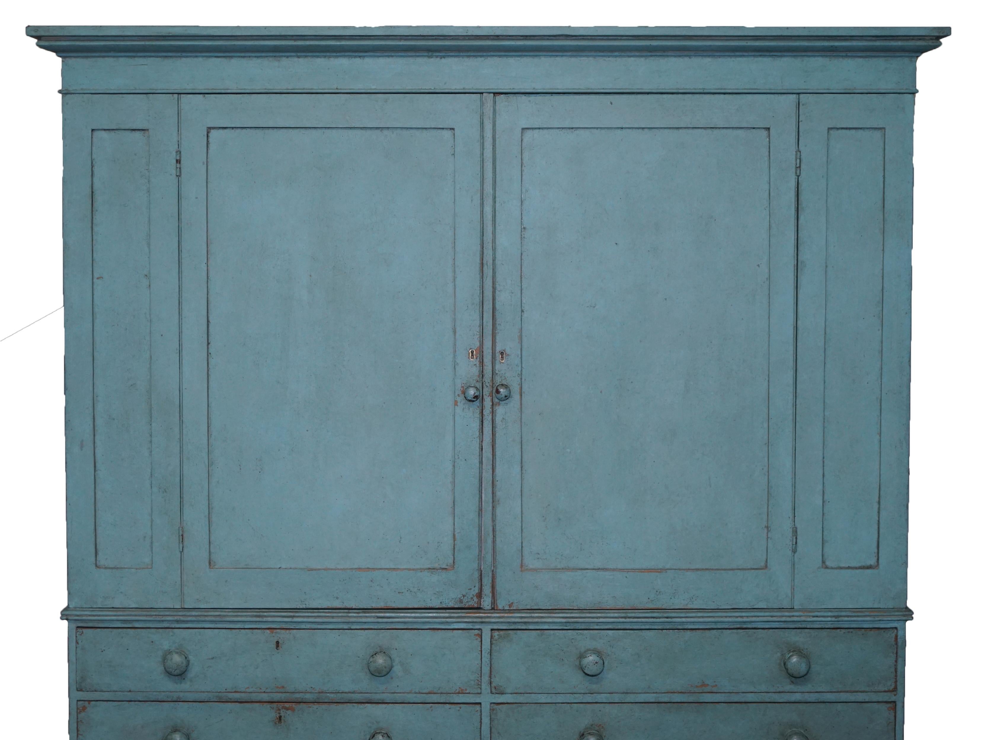 Victorian Blue Painted Pine circa 1860 Housekeepers Cupboard Chest of Drawers 3