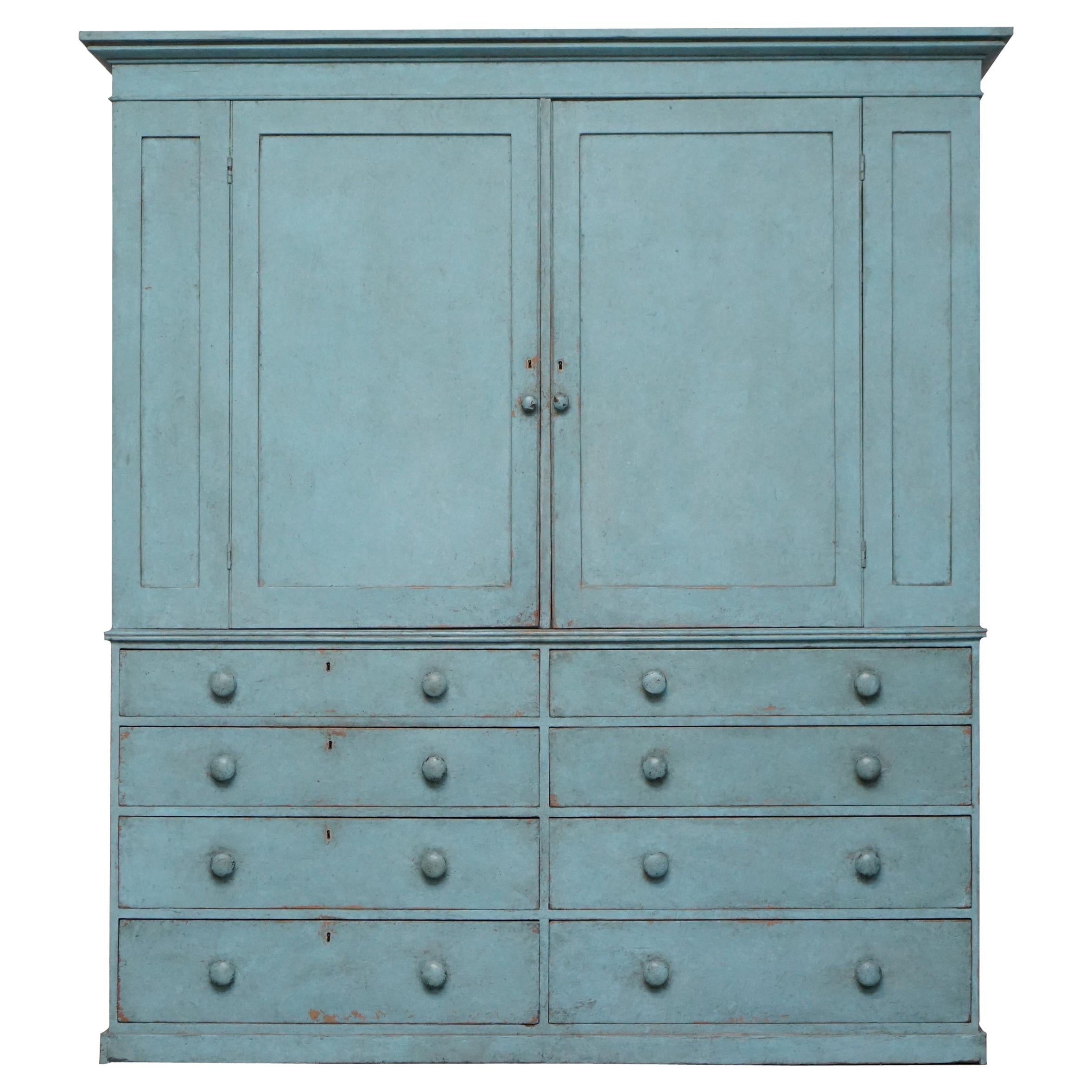 Victorian Blue Painted Pine circa 1860 Housekeepers Cupboard Chest of Drawers