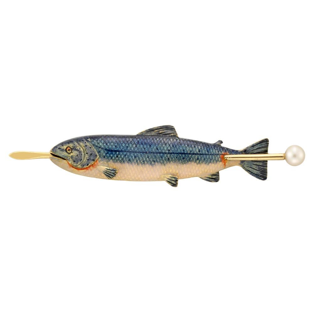 Fischbrosche im viktorianischen Stil, blau-rosa emailliert, Perle Gold (Ungeschliffen) im Angebot