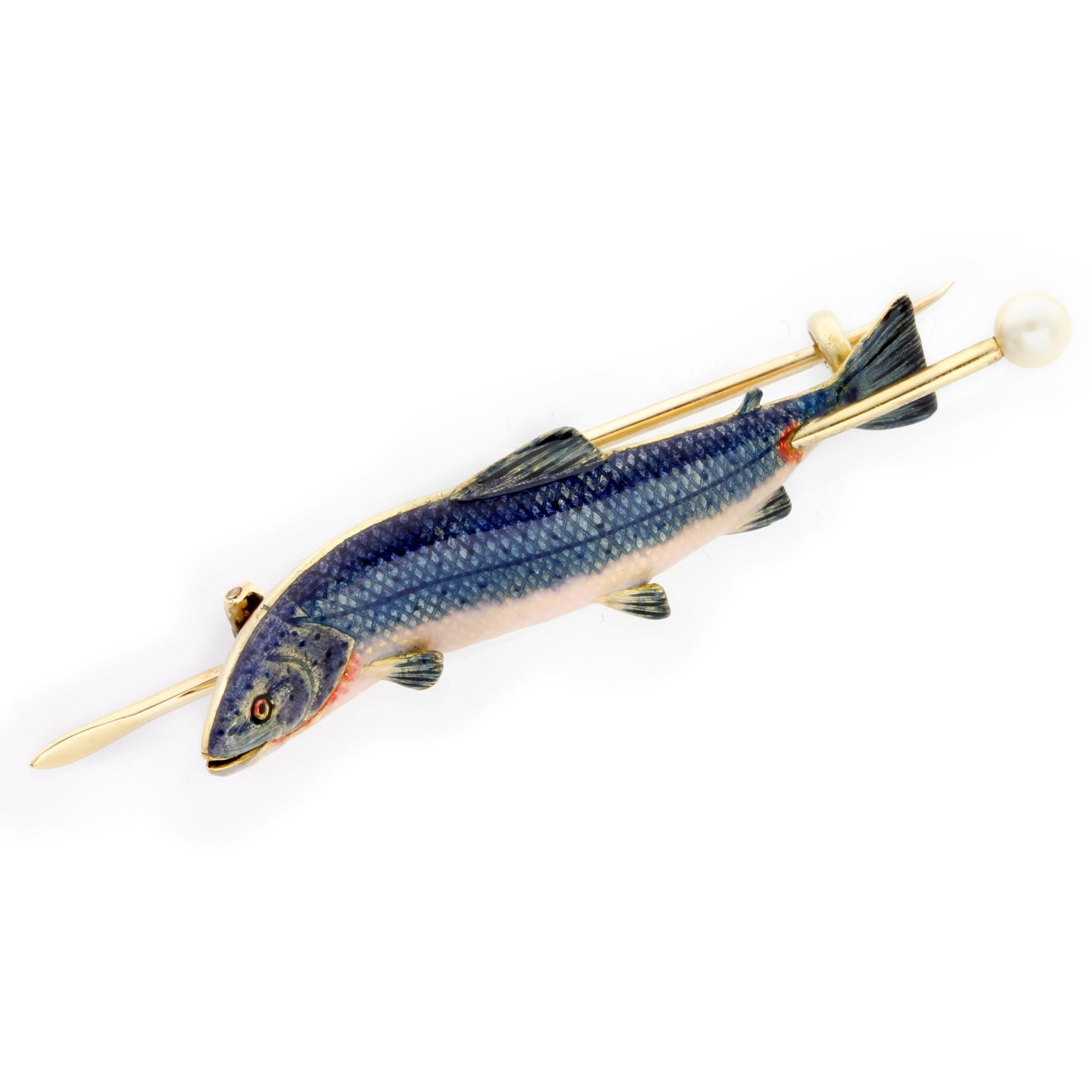 Fischbrosche im viktorianischen Stil, blau-rosa emailliert, Perle Gold im Zustand „Gut“ im Angebot in London, GB