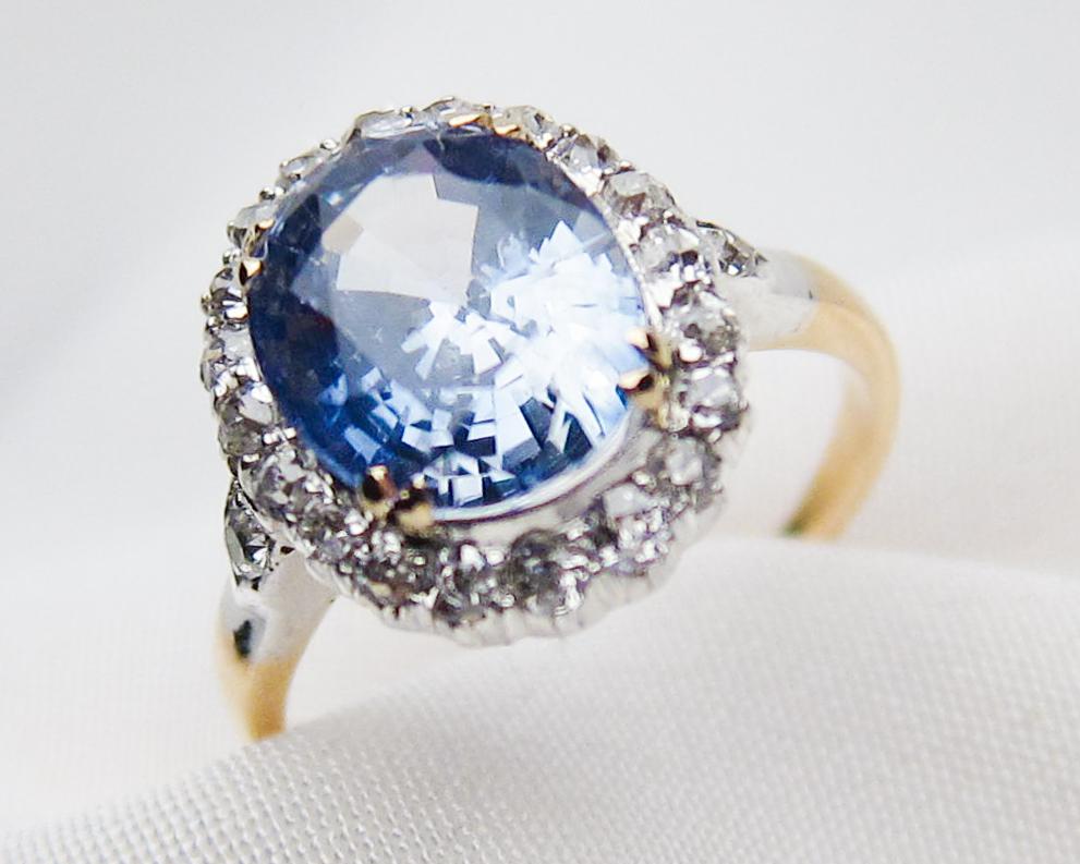 Victorian Blue Sapphire and Diamond Halo 18 Karat Gold Ring In Excellent Condition For Sale In Seattle, WA