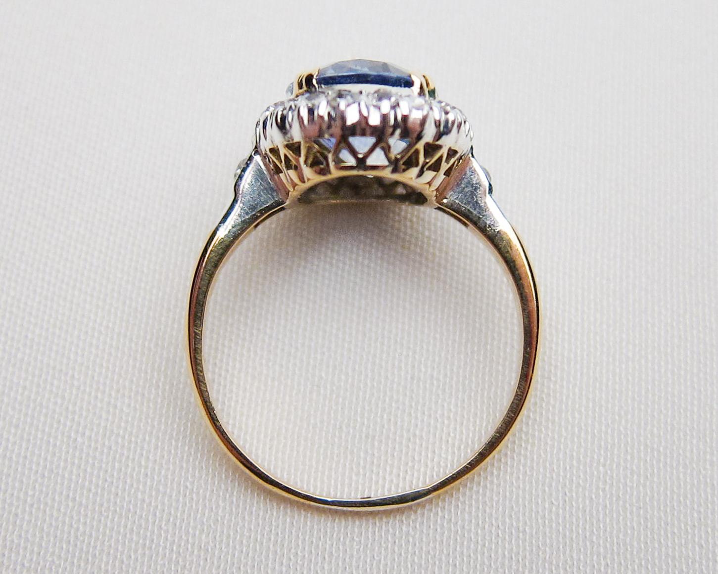 Victorian Blue Sapphire and Diamond Halo 18 Karat Gold Ring For Sale 3