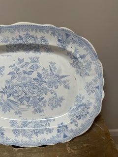 Victorian Blue Transferware Platter with Asiatic Pheasants, England