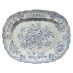 Victorian Blue Transferware Platter with Asiatic Pheasants, England