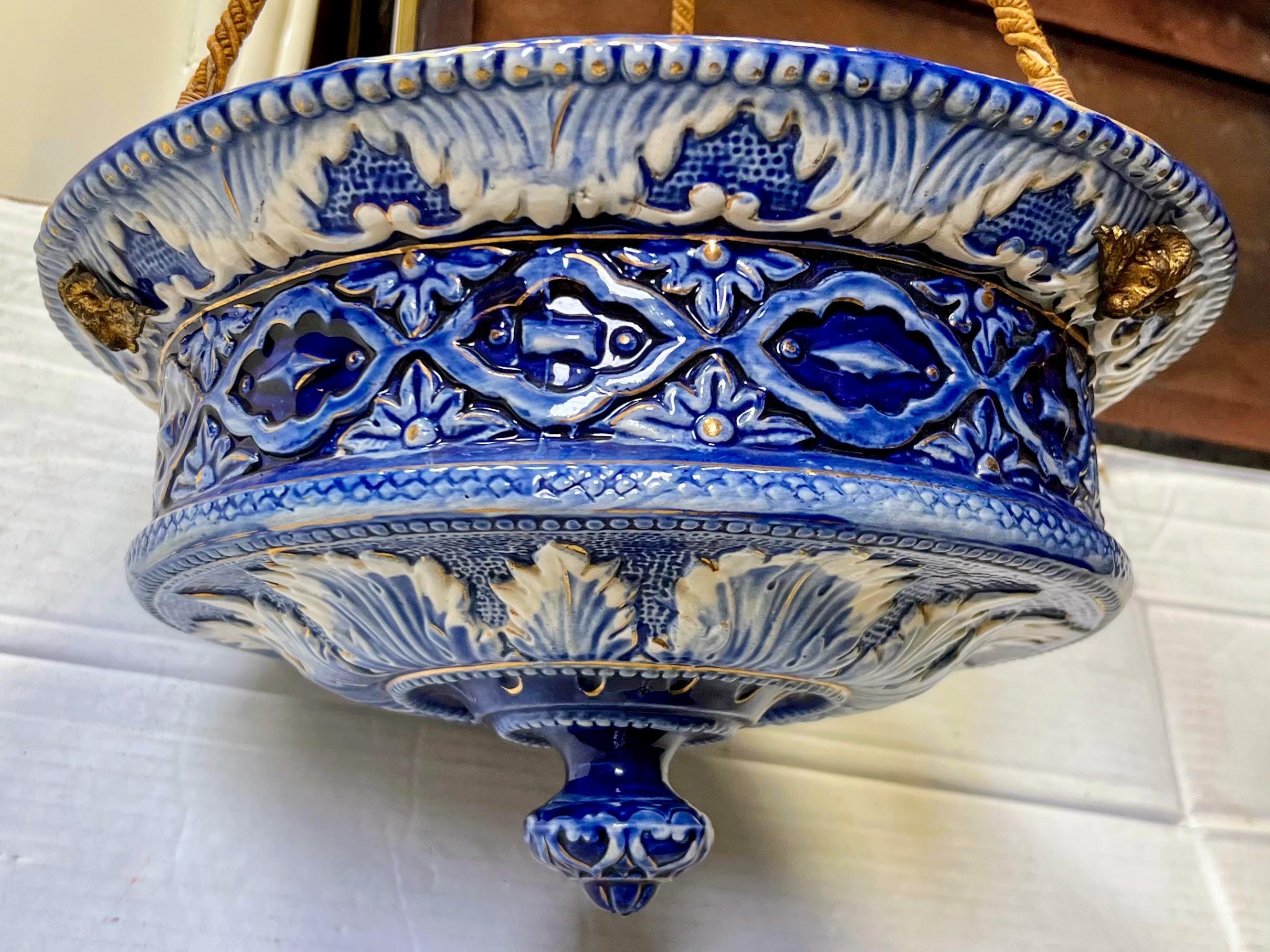 20th Century Victorian Blue & White Faience Majolica Glazed Pottery Light / Chandelier  For Sale